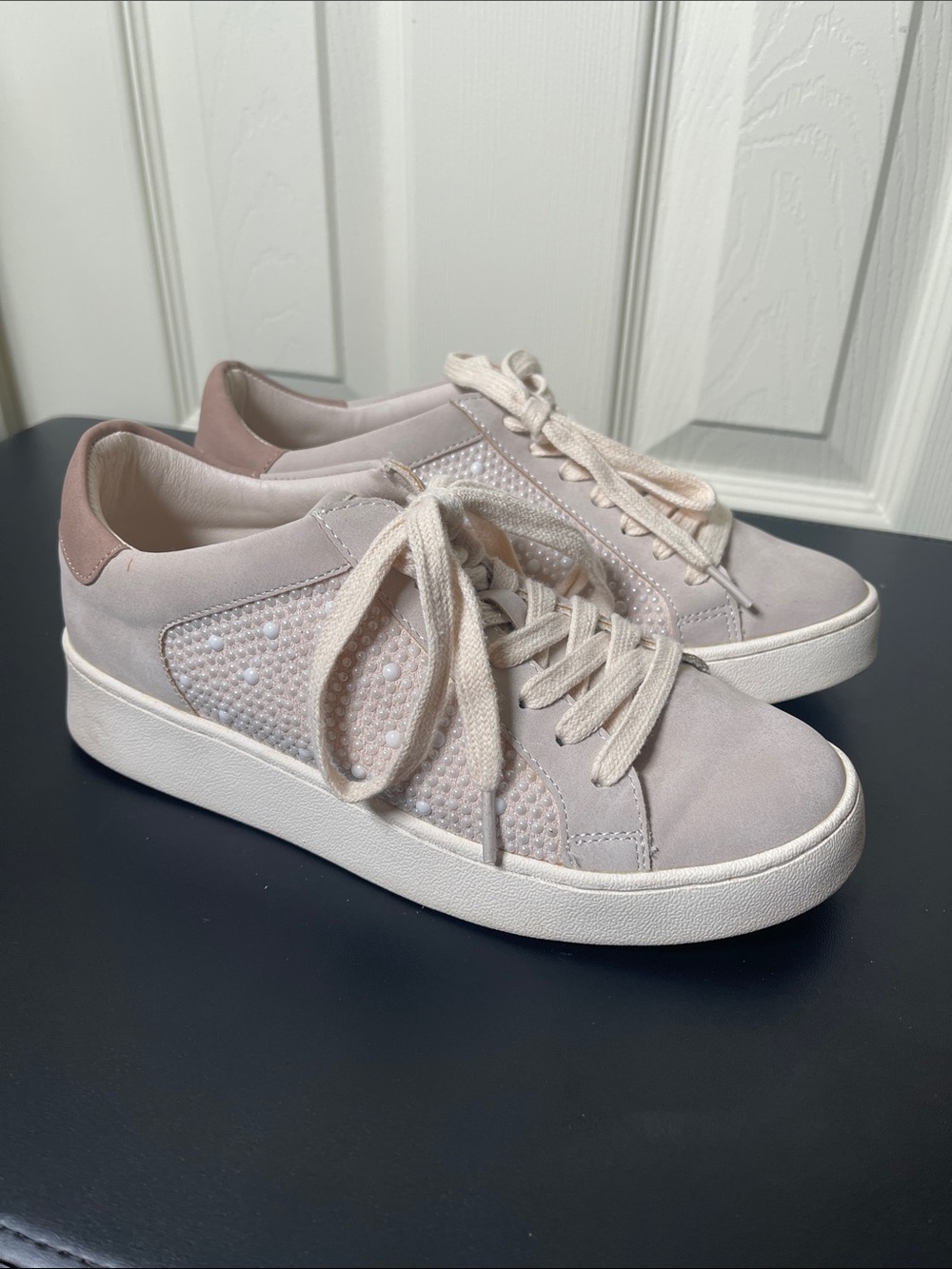 Blush Pearl-Accent Lace-Up Platform Sneakers